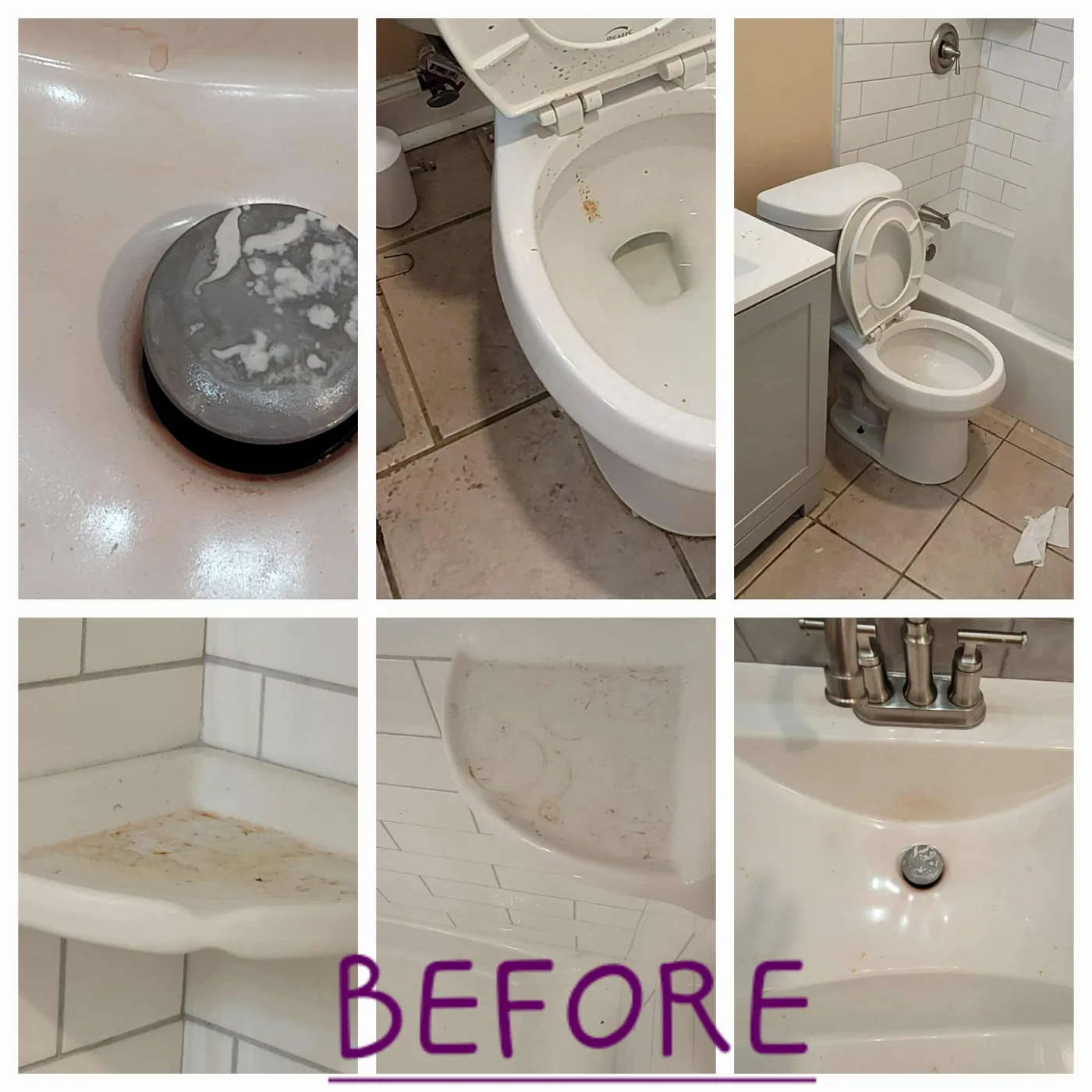 Stained sink, toilet and shower shelves before a deep clean by Carly's Angel's