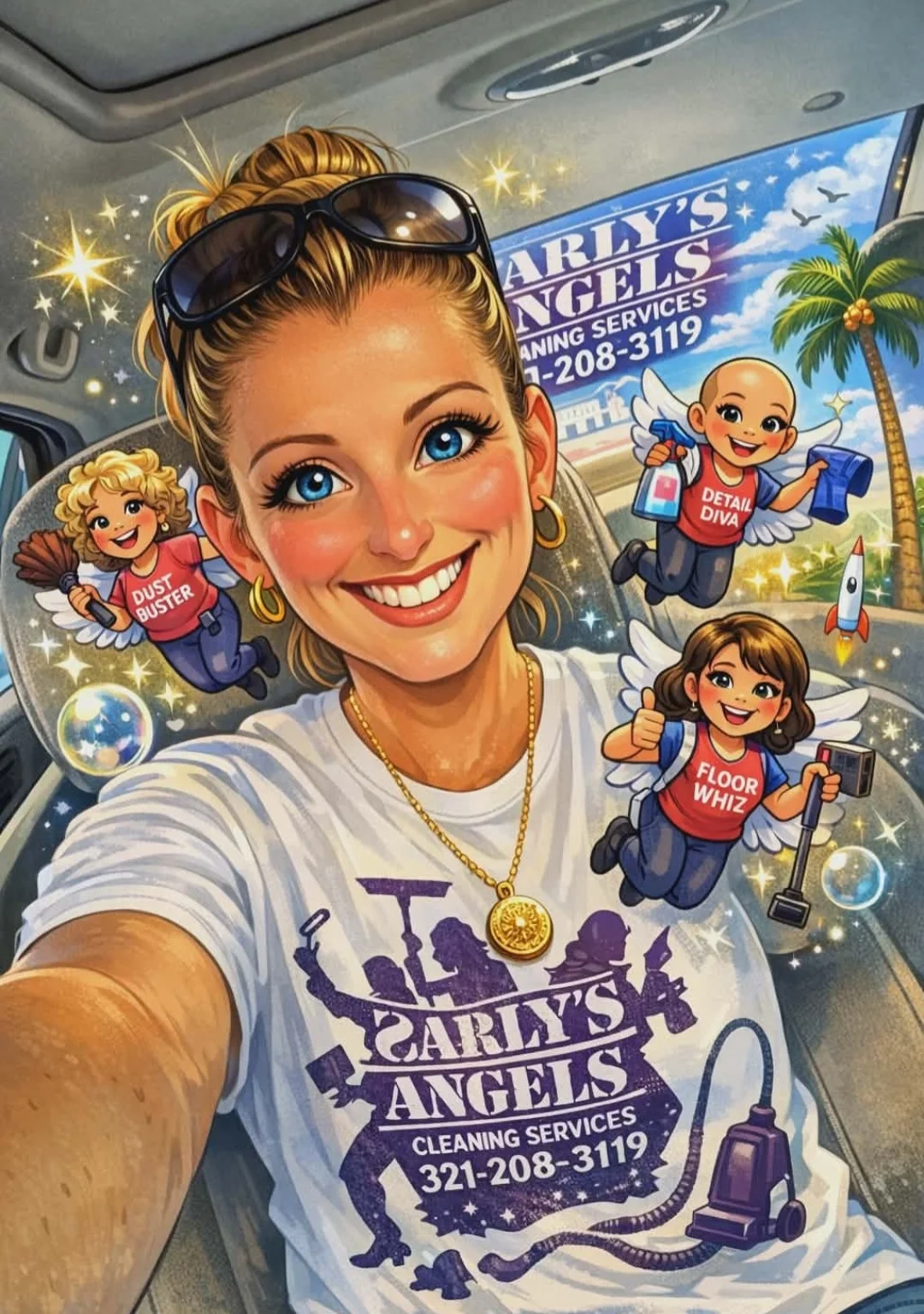 Illustration of Carly in a Carly's Angel's Cleaning Services shirt with her team of cleaning angels