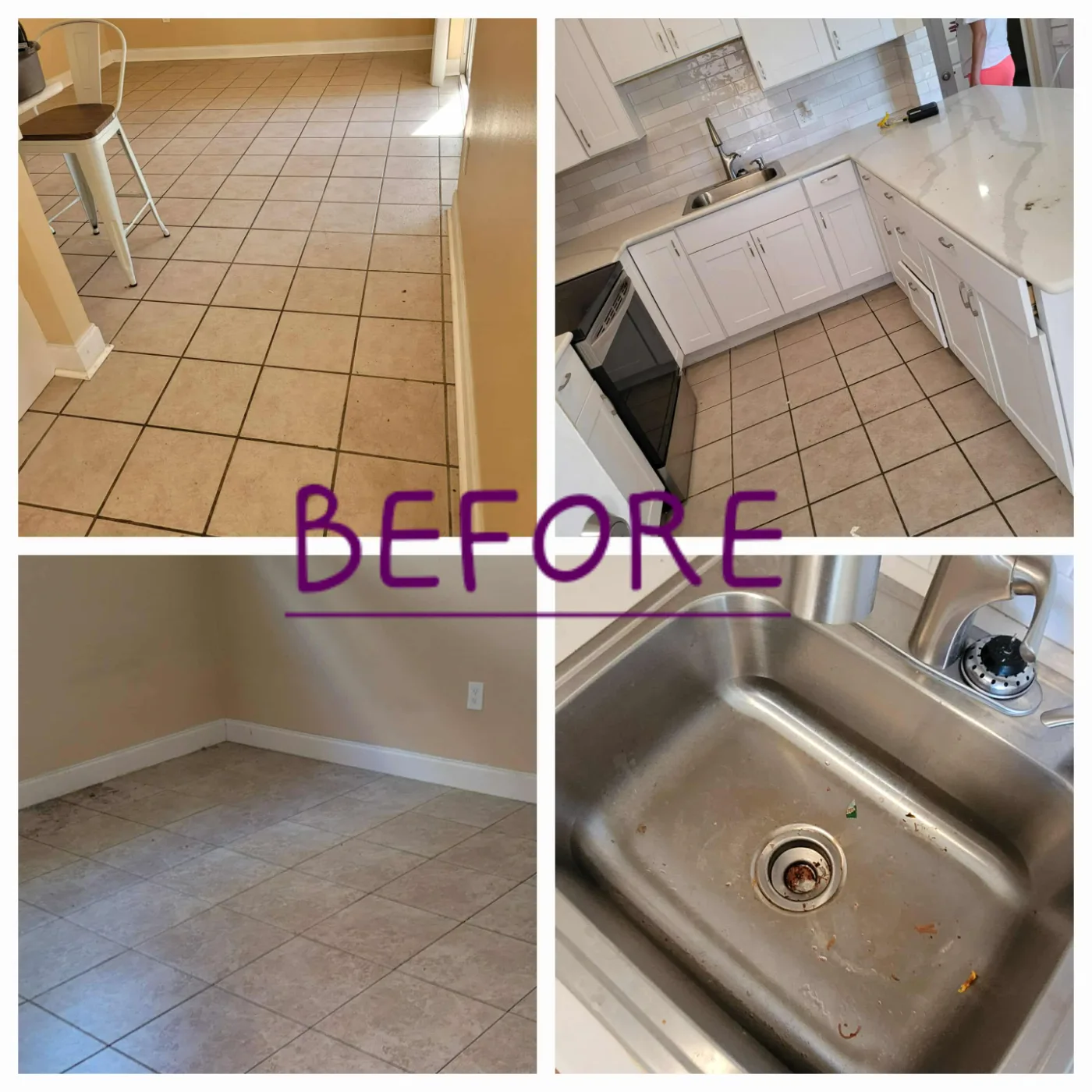 Dirty tile floors, counters and sink before a move-out clean
